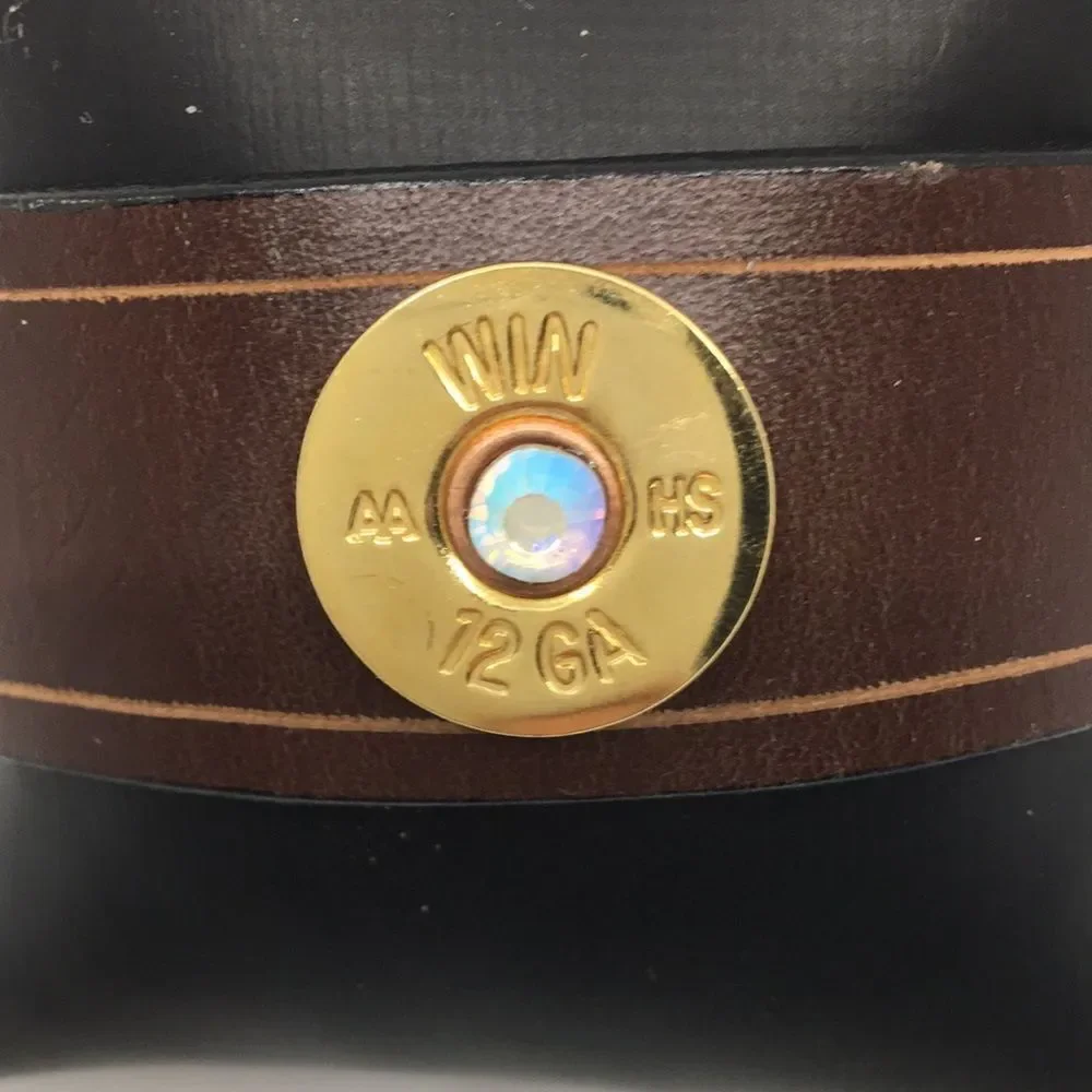 Winchester 12 Gauge Shotgun Shell brass and brown leather bracelet
